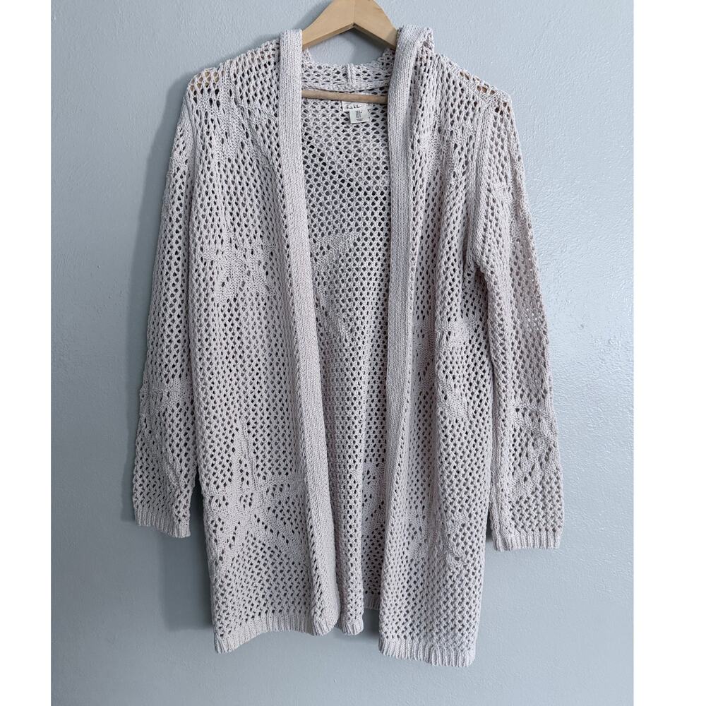 Nicole Miller Open-Knit Hooded Cardigan in Light Beige with Starfish